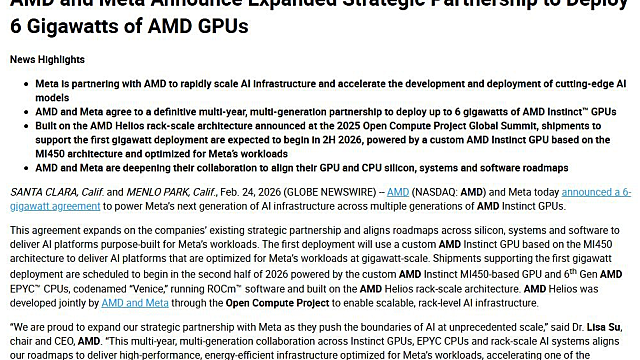 AMD와 Meta, 6기가와트 규모의 AMD GPU 구축을 위한 전략적 파트너십 확대 발표