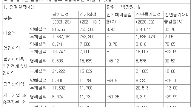 [8/4]기업별 21년 2분기 실적 정리(잠정 포함)