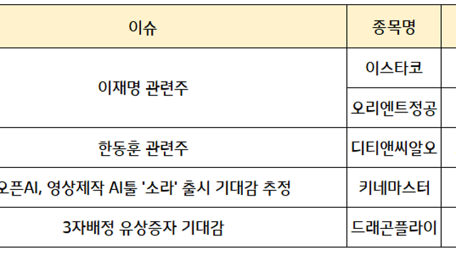 이재명 관련주, 한동훈 관련주. 정치테마 순환매 / 윤석열 탄핵수혜주 , 신정부 정책주 강세