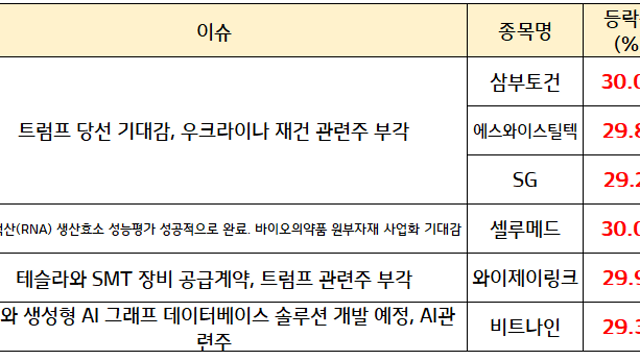 트럼프 관련주, 정책 수혜주 순환매(우크라이나 재건 관련주, 남북경협 등) /  시간외 우주항공 테마, 일론 머스크 관련주 부각에 급등 마감