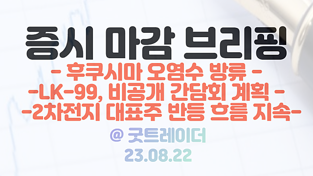 2차전지 관련주(에코프로비엠,에코프로 등) 반등세 지속 / 후쿠시마 오염수 관련주 강세 / 8월 22일 시간외단일가 LK-99 비공개 간담회 소식