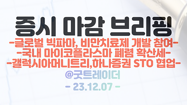 비만치료제 관련주 :: 글로벌 빅파마 개발 참여 소식에 강세 / 우선주,신규상장주 순환매 장세 지속 / 12월 7일 시간외 단일가 :: 폐렴 관련주 강세