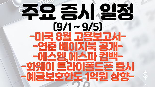 증시 일정(9월 1주차) :: 미국 8월 고용보고서 / 연준 베이지북 공개 / 에스엠, 에스파 컴백 / 화웨이 트라이폴드폰 출시